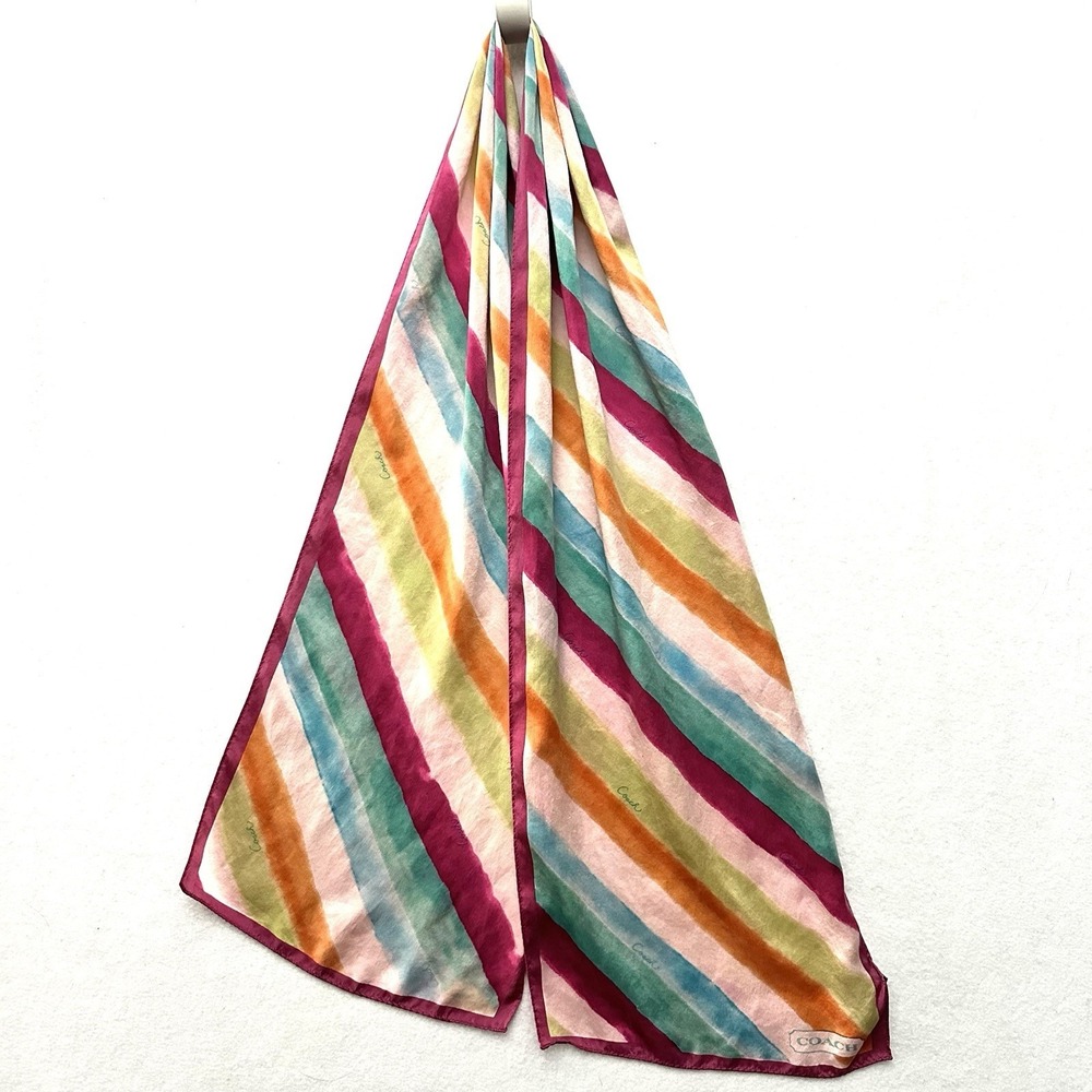 Coach 10" X 58" 100% Silk Watercolor Rainbow Head Bag Neck Scarf Logo Spellout